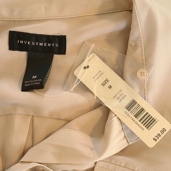 Investments Ivory Chiffon Button Up Blouse NEW Med Long Sleeve Career Dress - Picture 5 of 7